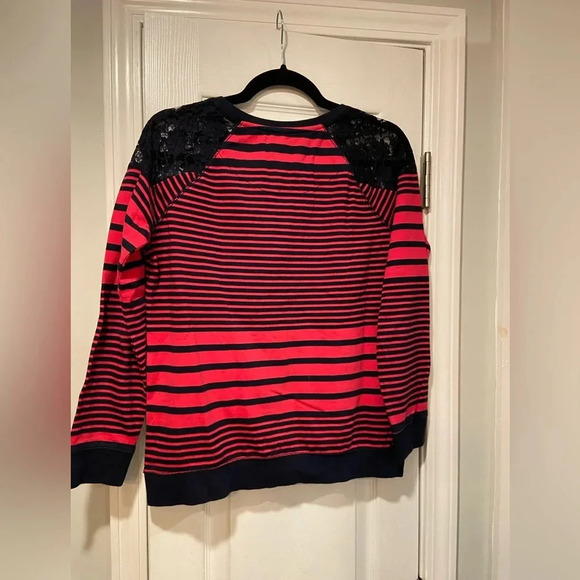 Bare Denim Crew Neck Lace Shoulder Pink Navy Stripe Long Sleeve Shirt Size M - Picture 7 of 10